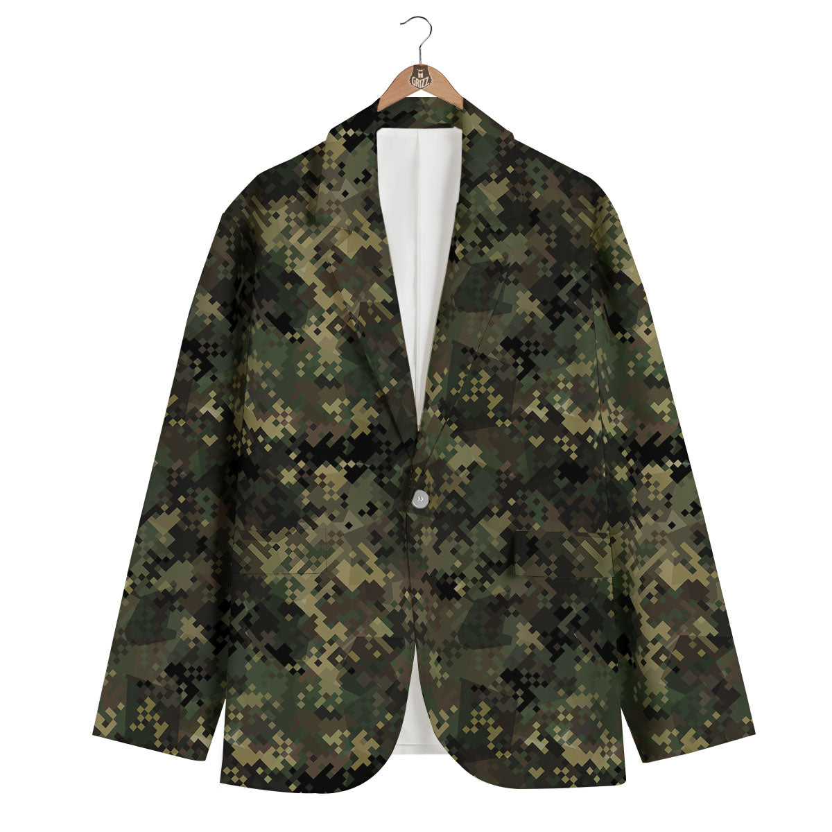 Digital Camo Forest Green Print Pattern Men's Blazer-grizzshop