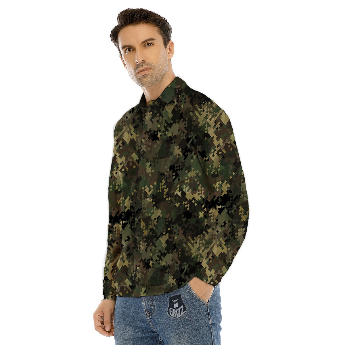 Digital Camo Forest Green Print Pattern Men's Dress Shirts-grizzshop