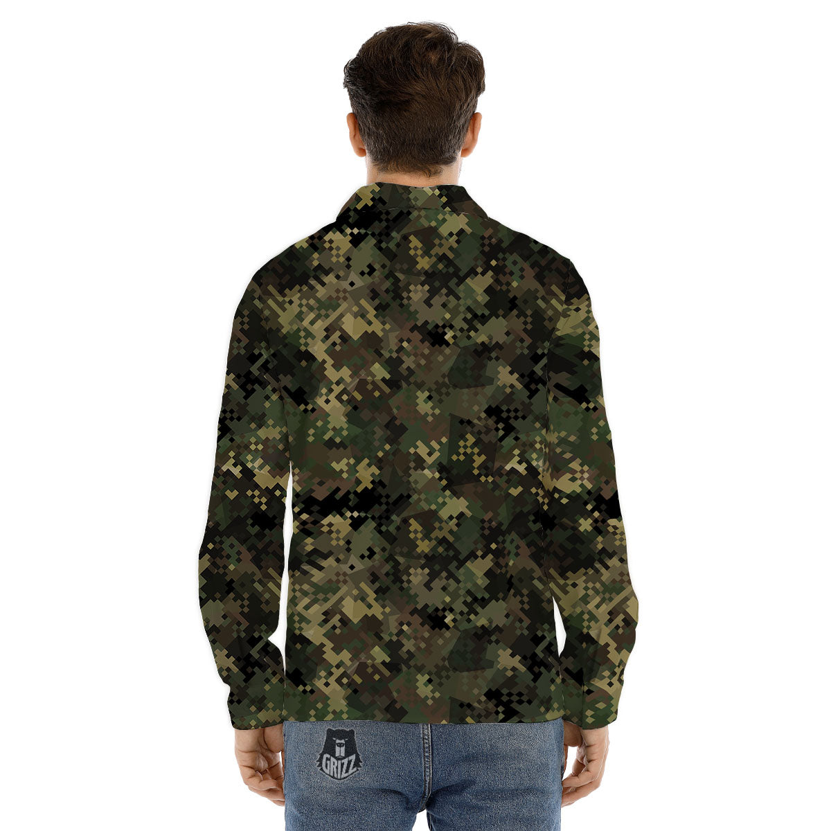 Digital Camo Forest Green Print Pattern Men's Dress Shirts-grizzshop