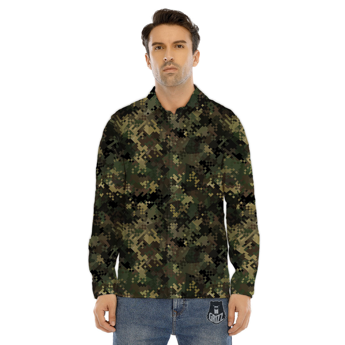 Digital Camo Forest Green Print Pattern Men's Dress Shirts-grizzshop