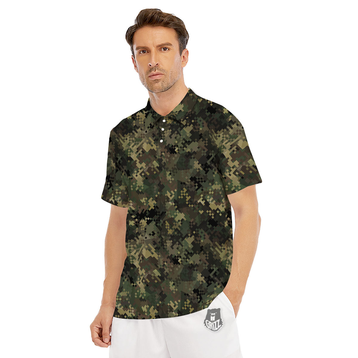 Digital Camo Forest Green Print Pattern Men's Golf Shirts-grizzshop