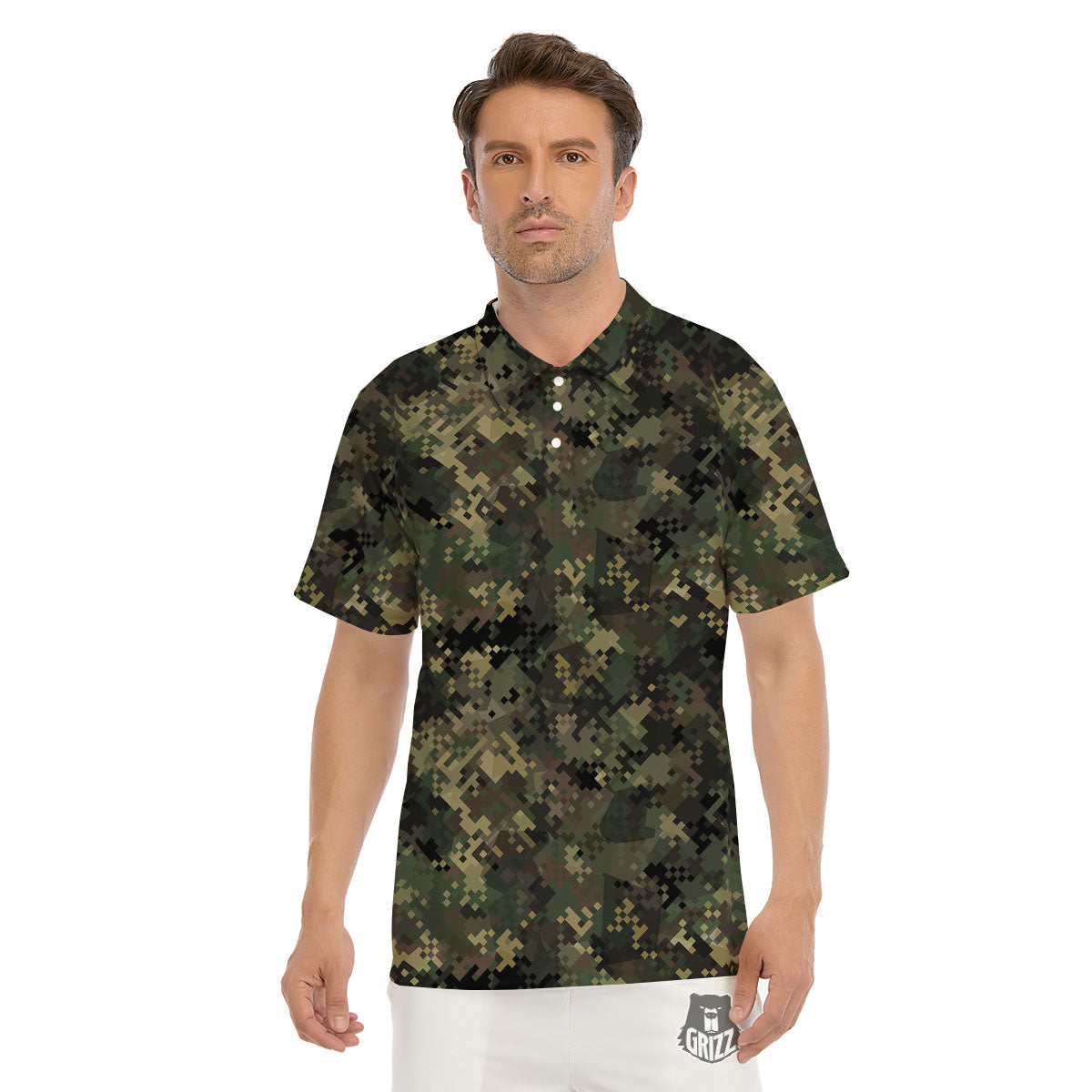 Digital Camo Forest Green Print Pattern Men's Golf Shirts-grizzshop