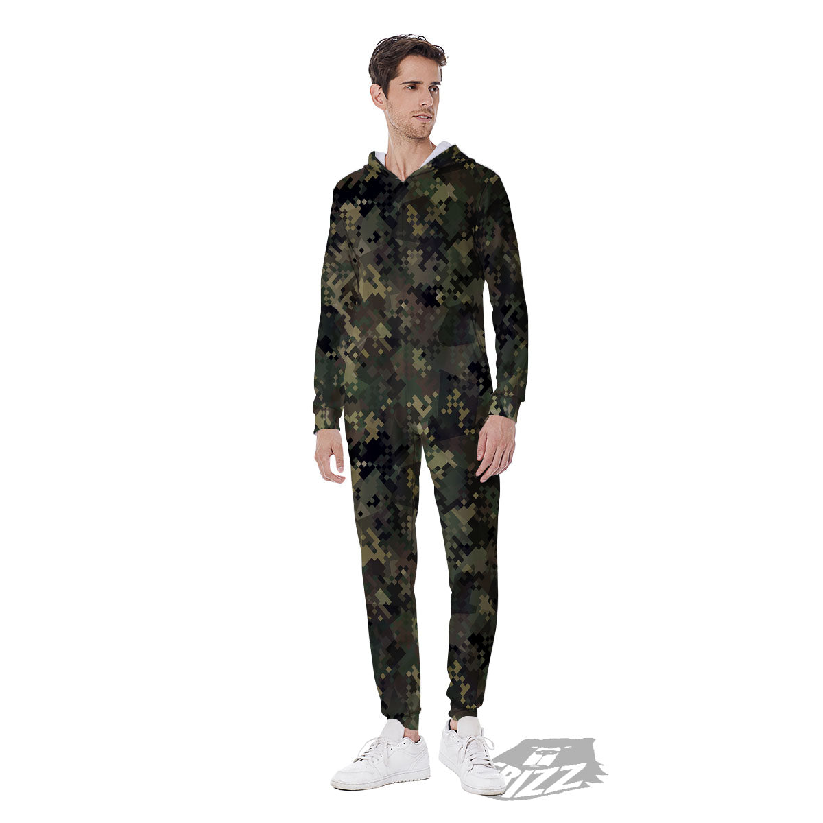 Digital Camo Forest Green Print Pattern Men's Jumpsuit-grizzshop