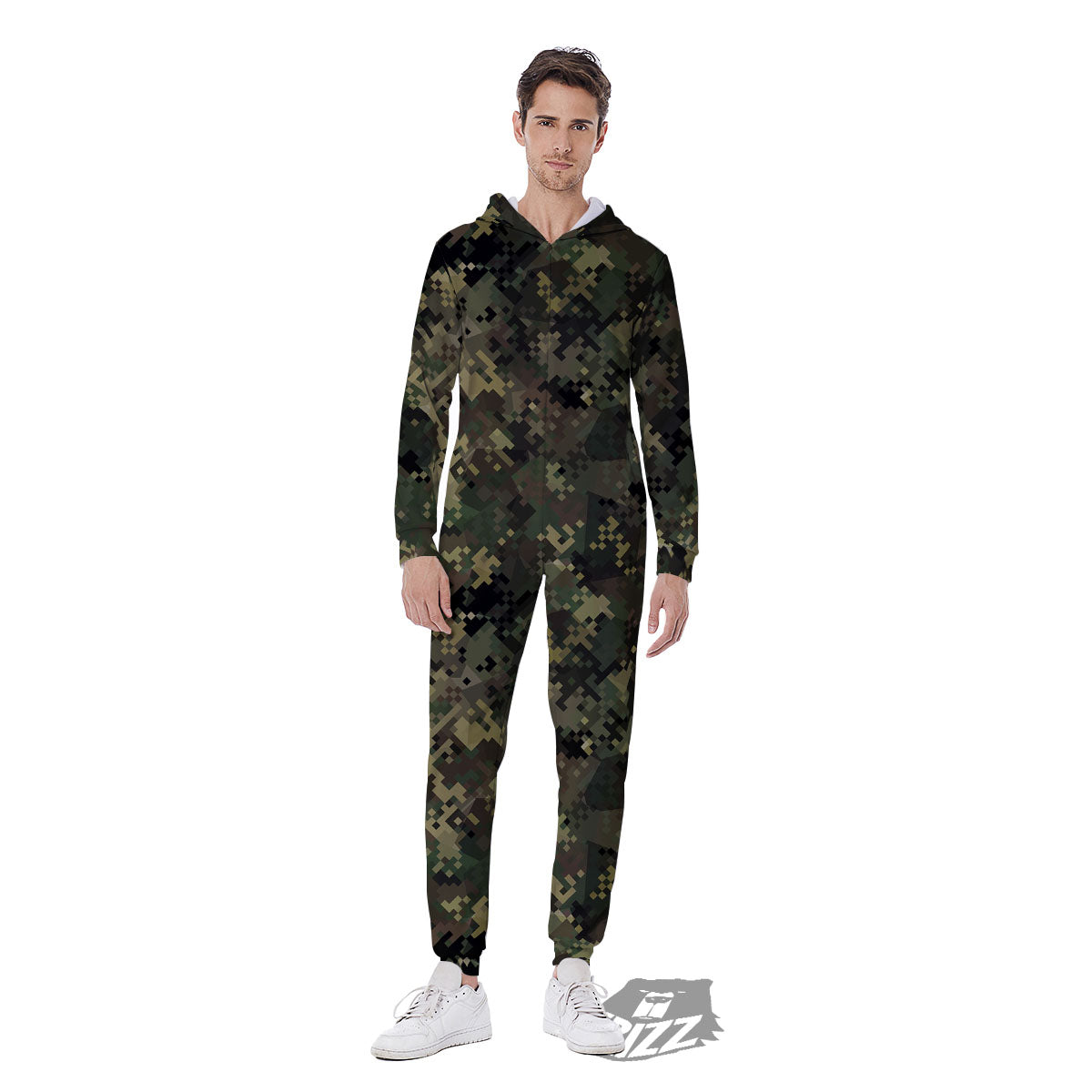 Digital Camo Forest Green Print Pattern Men's Jumpsuit-grizzshop