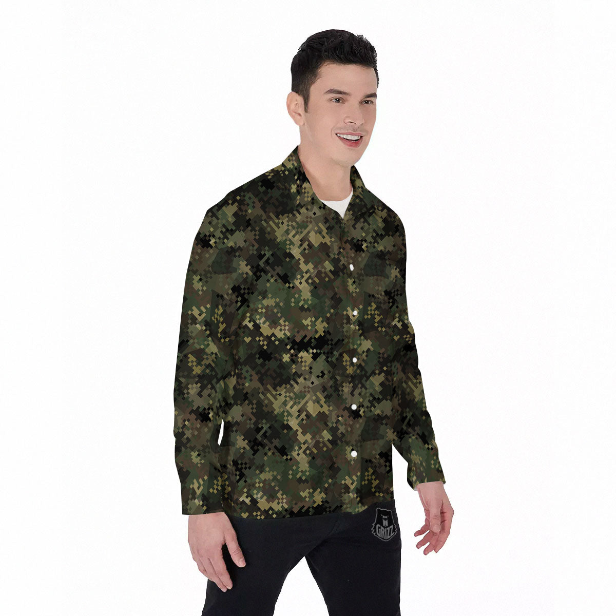 Digital Camo Forest Green Print Pattern Men's Long Sleeve Shirts-grizzshop