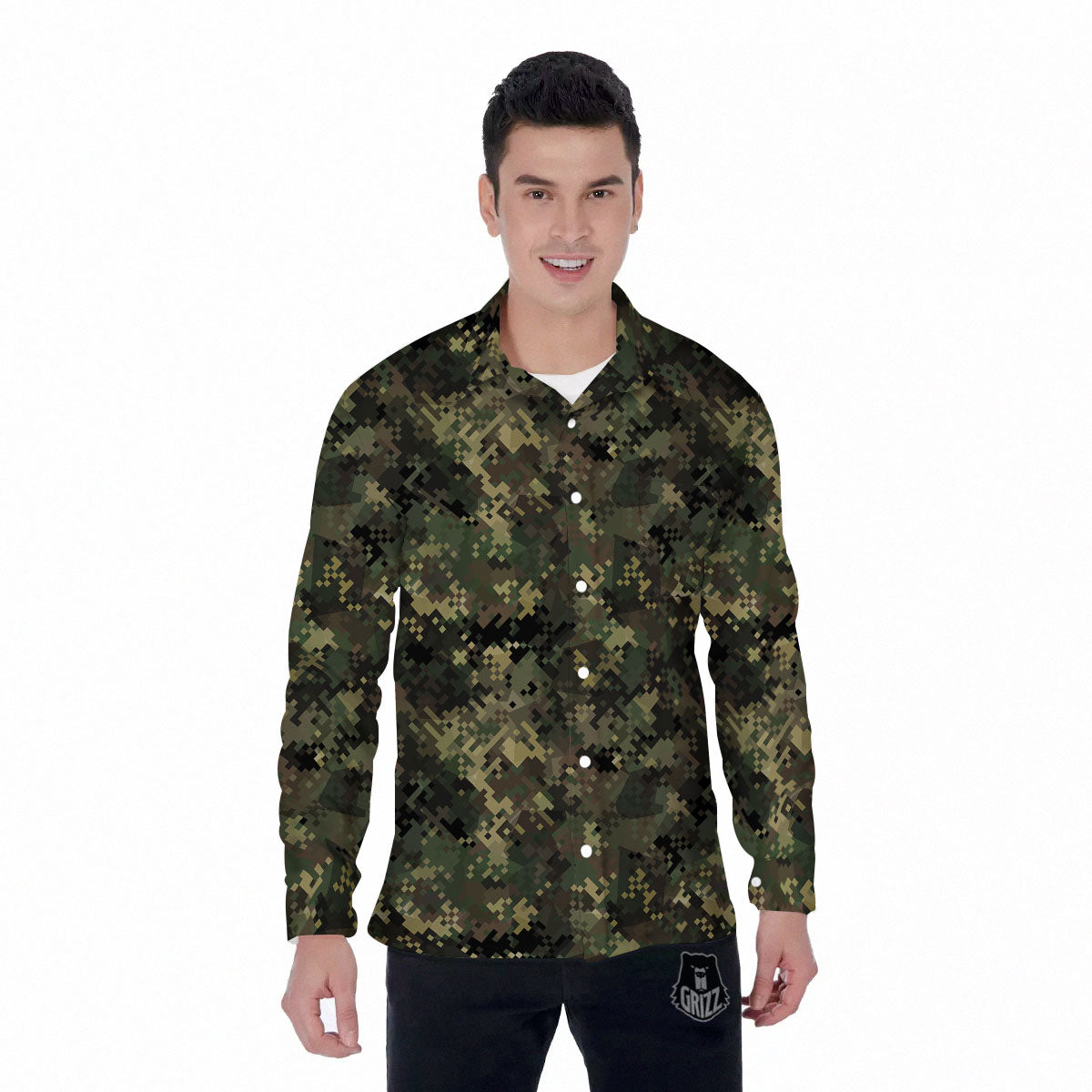 Digital Camo Forest Green Print Pattern Men's Long Sleeve Shirts-grizzshop