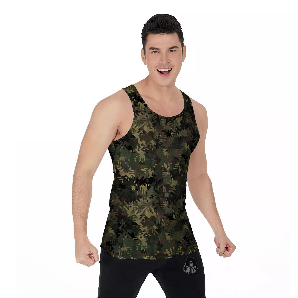 Digital Camo Forest Green Print Pattern Men's Tank Top-grizzshop