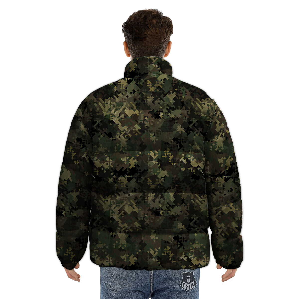 Digital Camo Forest Green Print Pattern Puffer Jacket-grizzshop