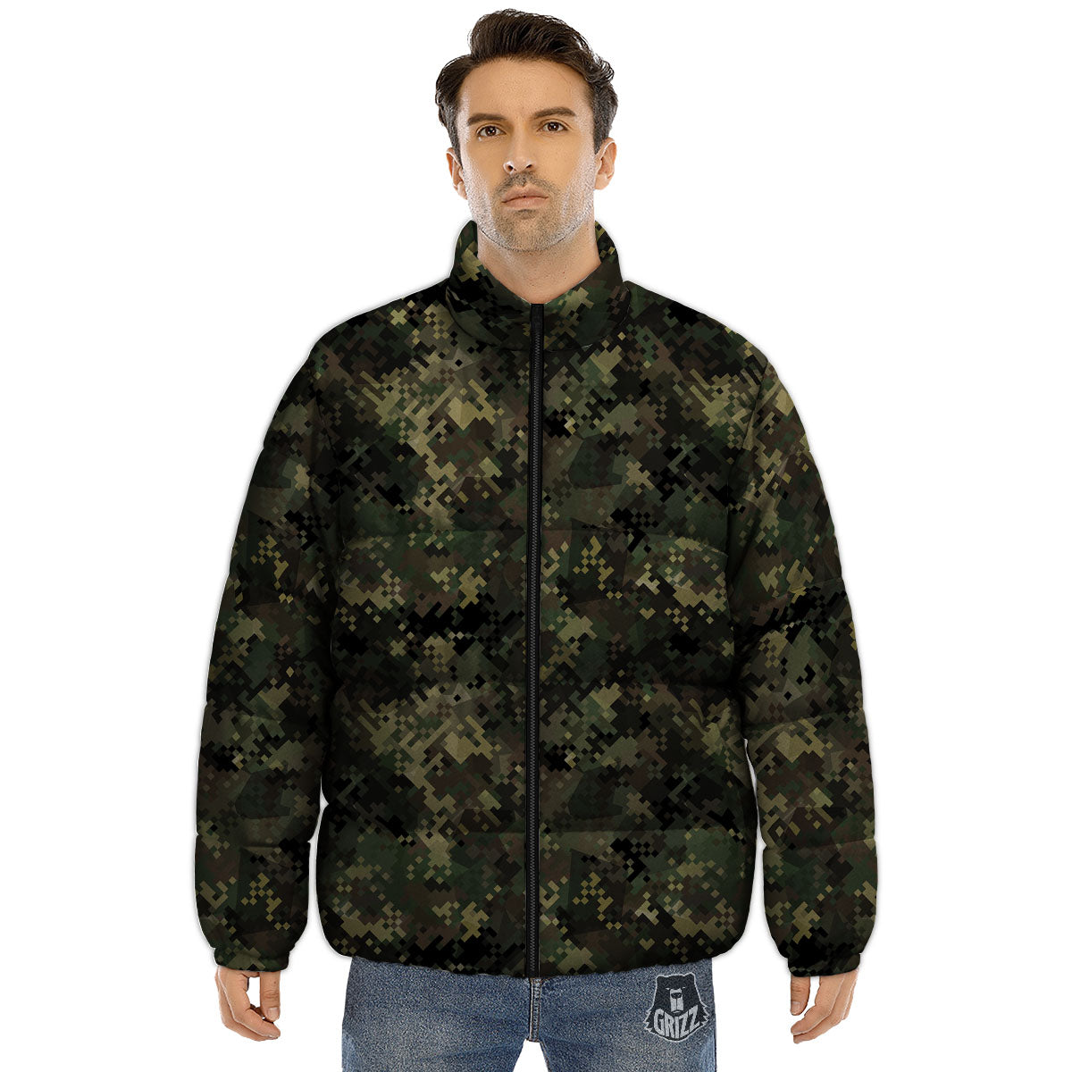 Digital Camo Forest Green Print Pattern Puffer Jacket-grizzshop