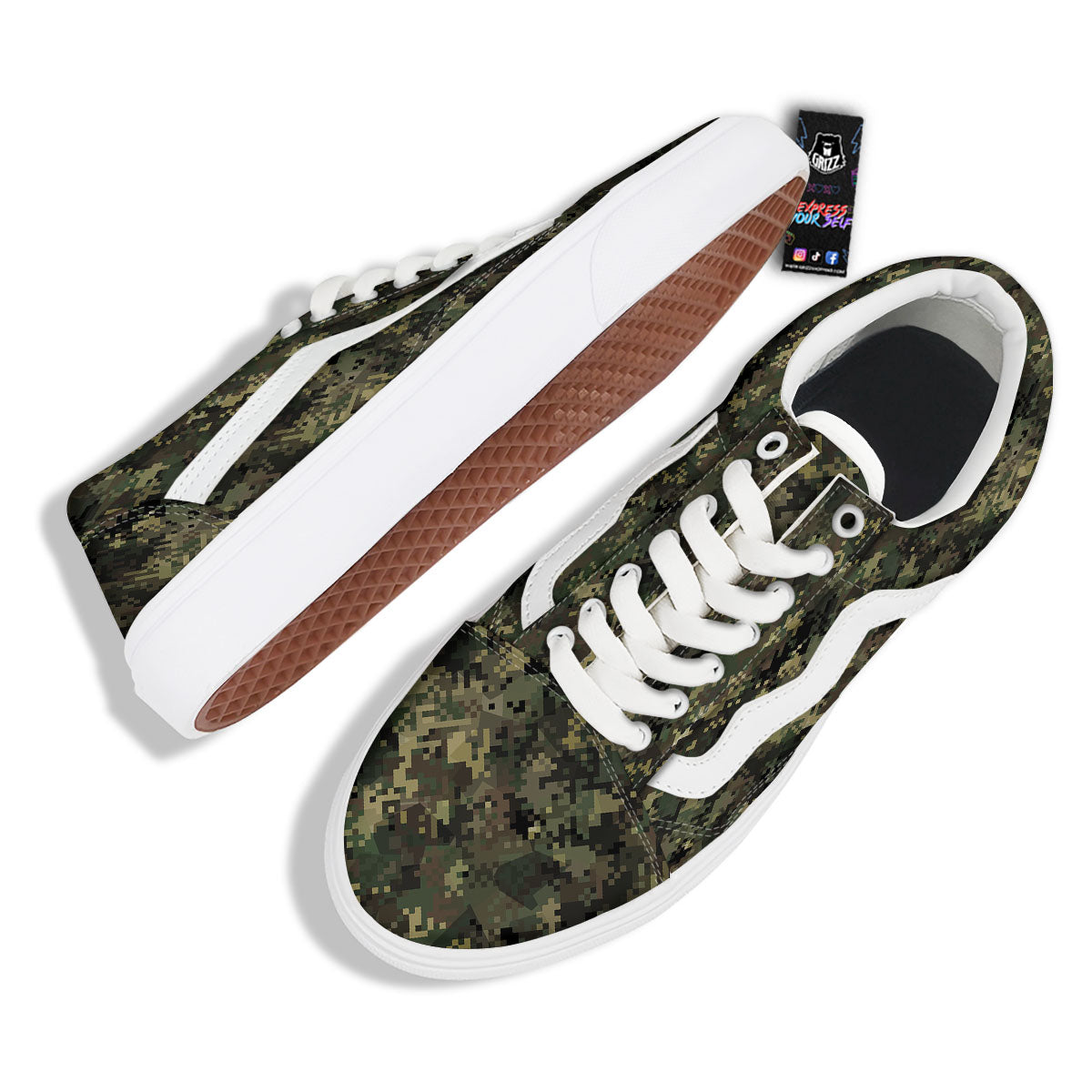 Digital Camo Forest Green Print Pattern Skate Shoes-grizzshop