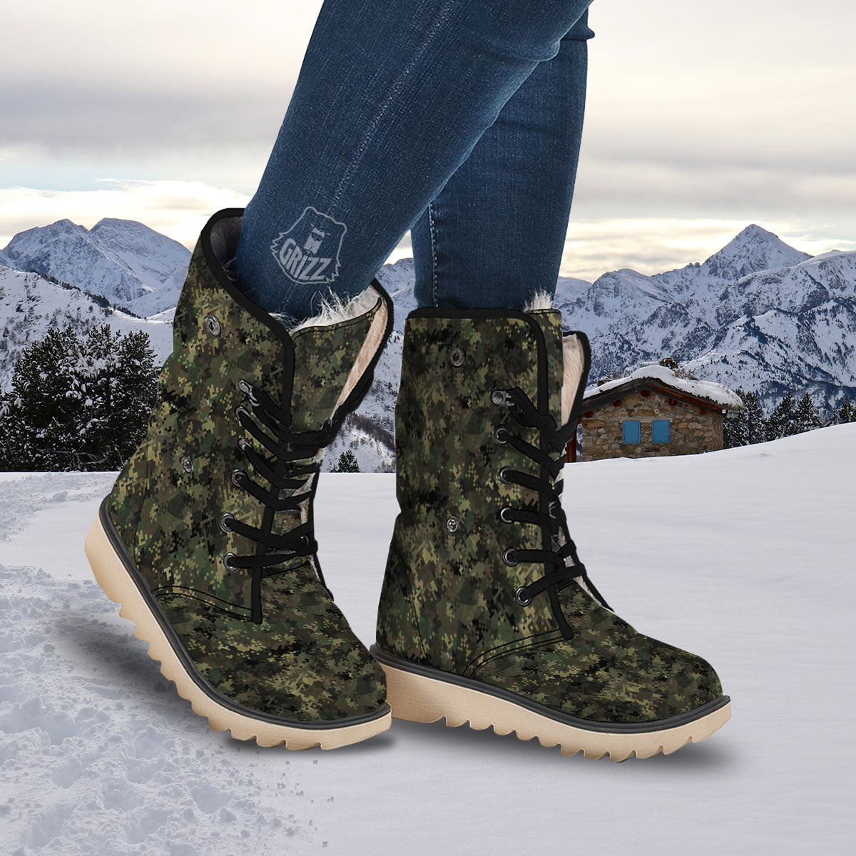 Digital Camo Forest Green Print Pattern Snow Boots-grizzshop