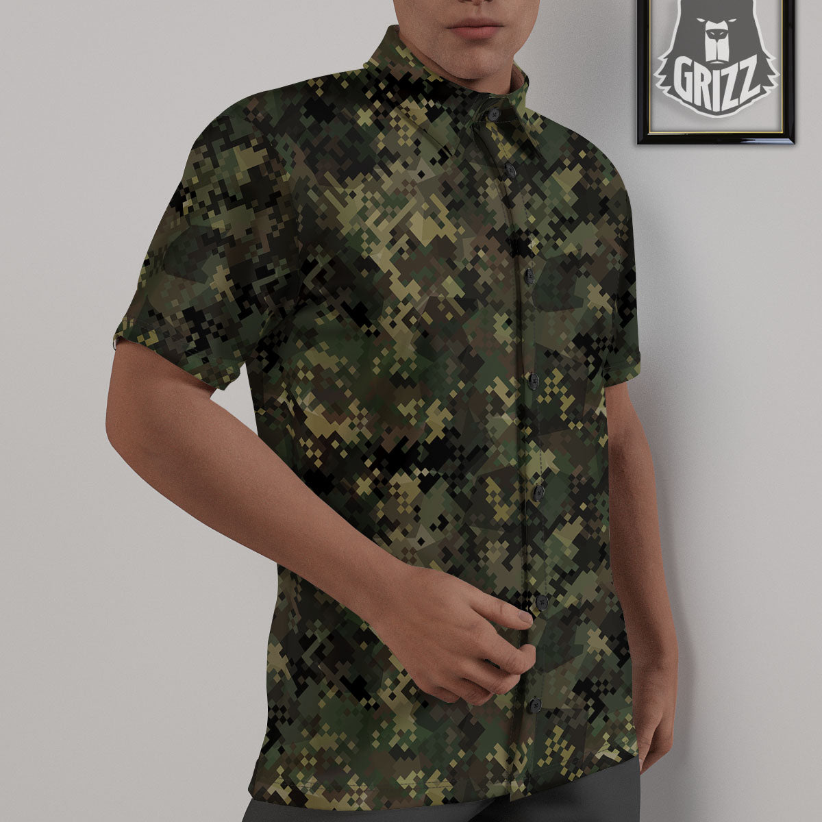Digital Camo Forest Green Print Pattern Untucked Shirts-grizzshop