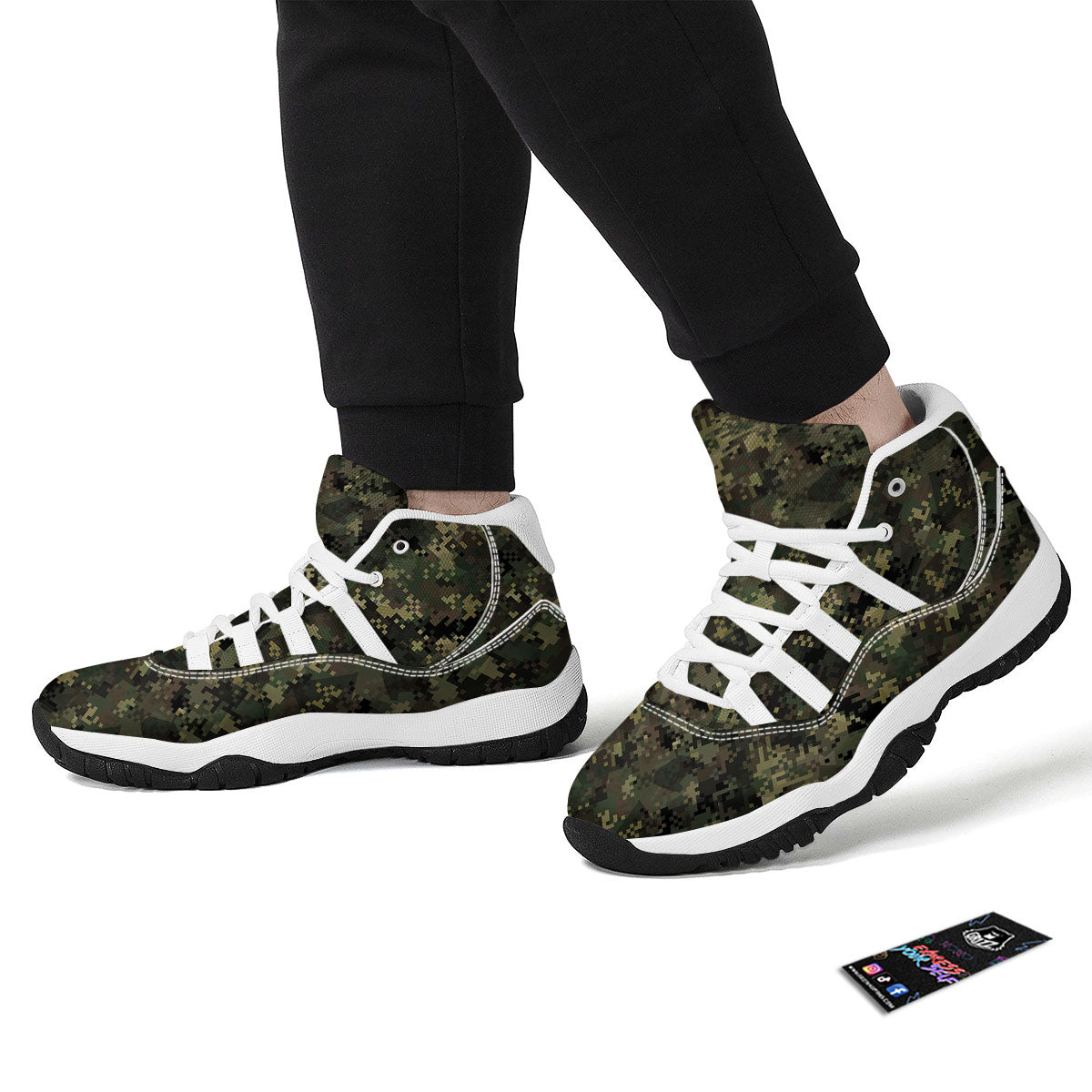 Digital Camo Forest Green Print Pattern White Bball Shoes-grizzshop