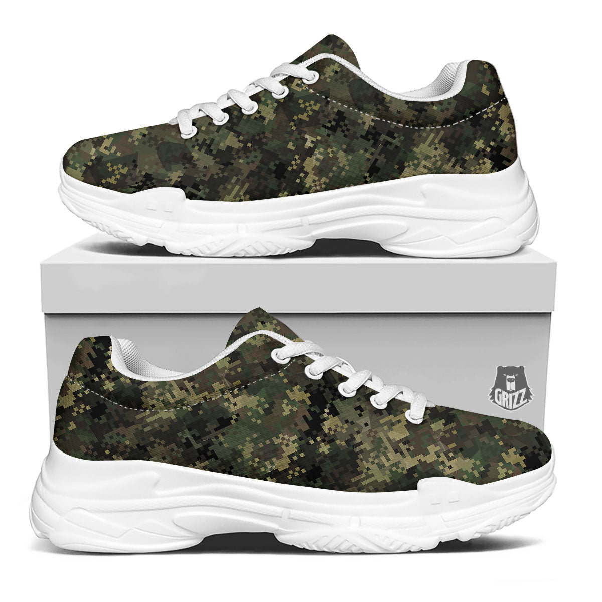 Digital Camo Forest Green Print Pattern White Chunky Shoes-grizzshop