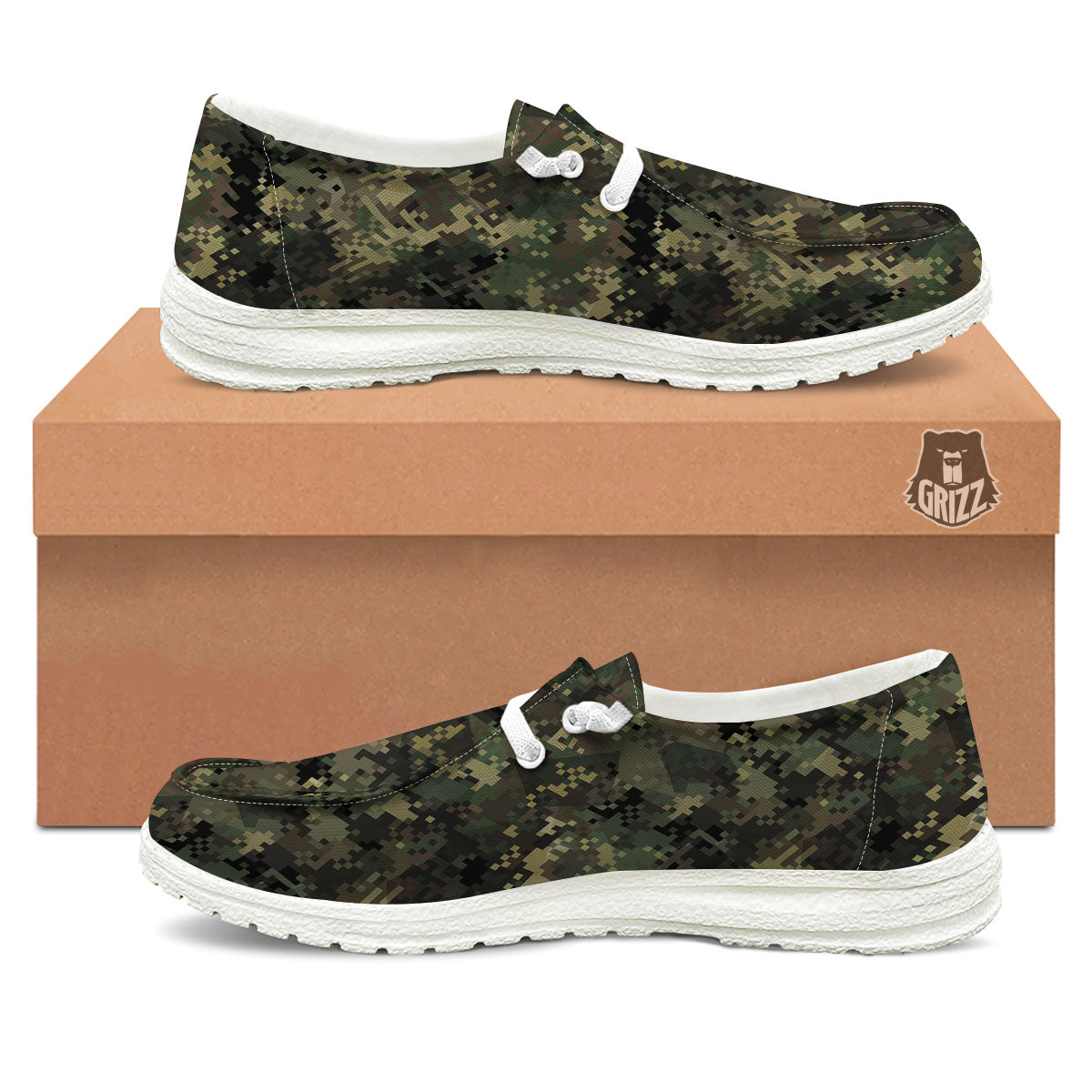 Digital Camo Forest Green Print Pattern White Loafers-grizzshop