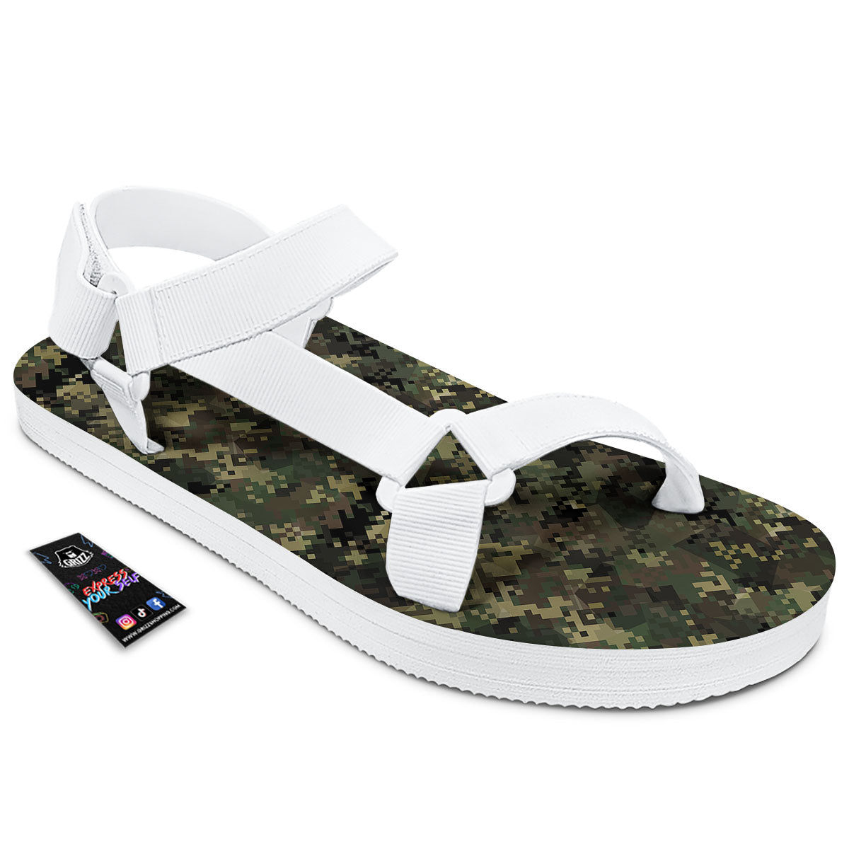 Digital Camo Forest Green Print Pattern White Open Toe Sandals-grizzshop