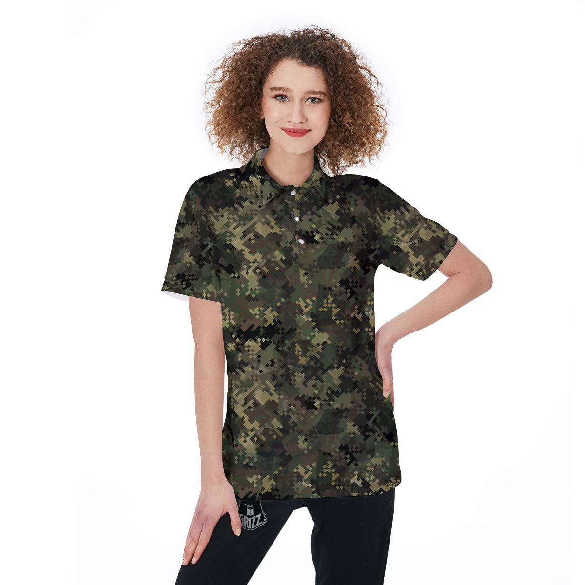 Digital Camo Forest Green Print Pattern Women's Golf Shirts-grizzshop