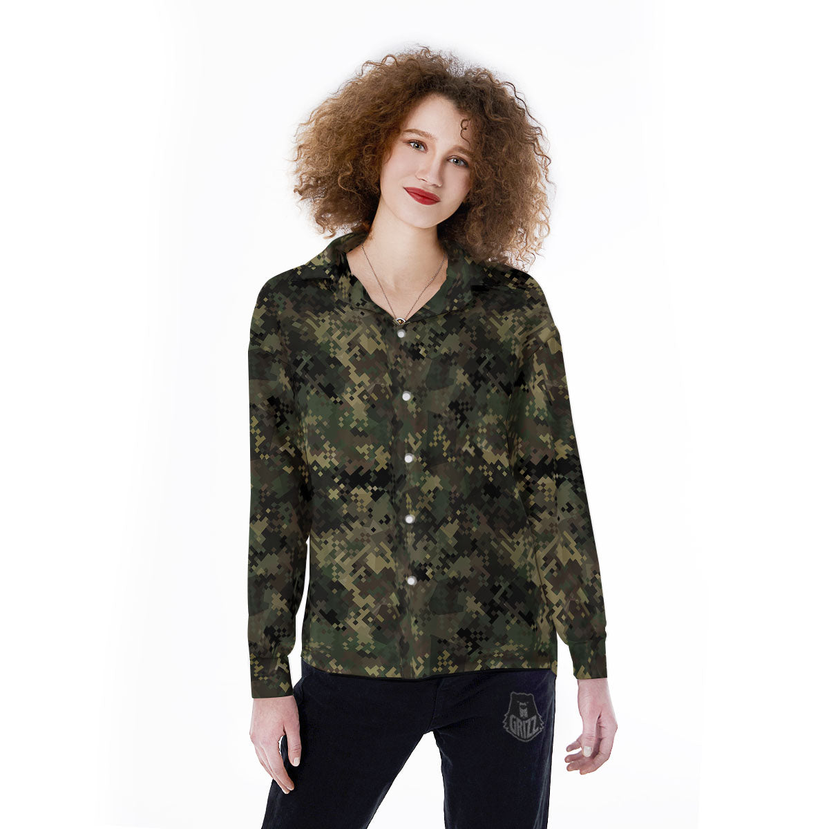 Digital Camo Forest Green Print Pattern Women's Long Sleeve Shirts-grizzshop