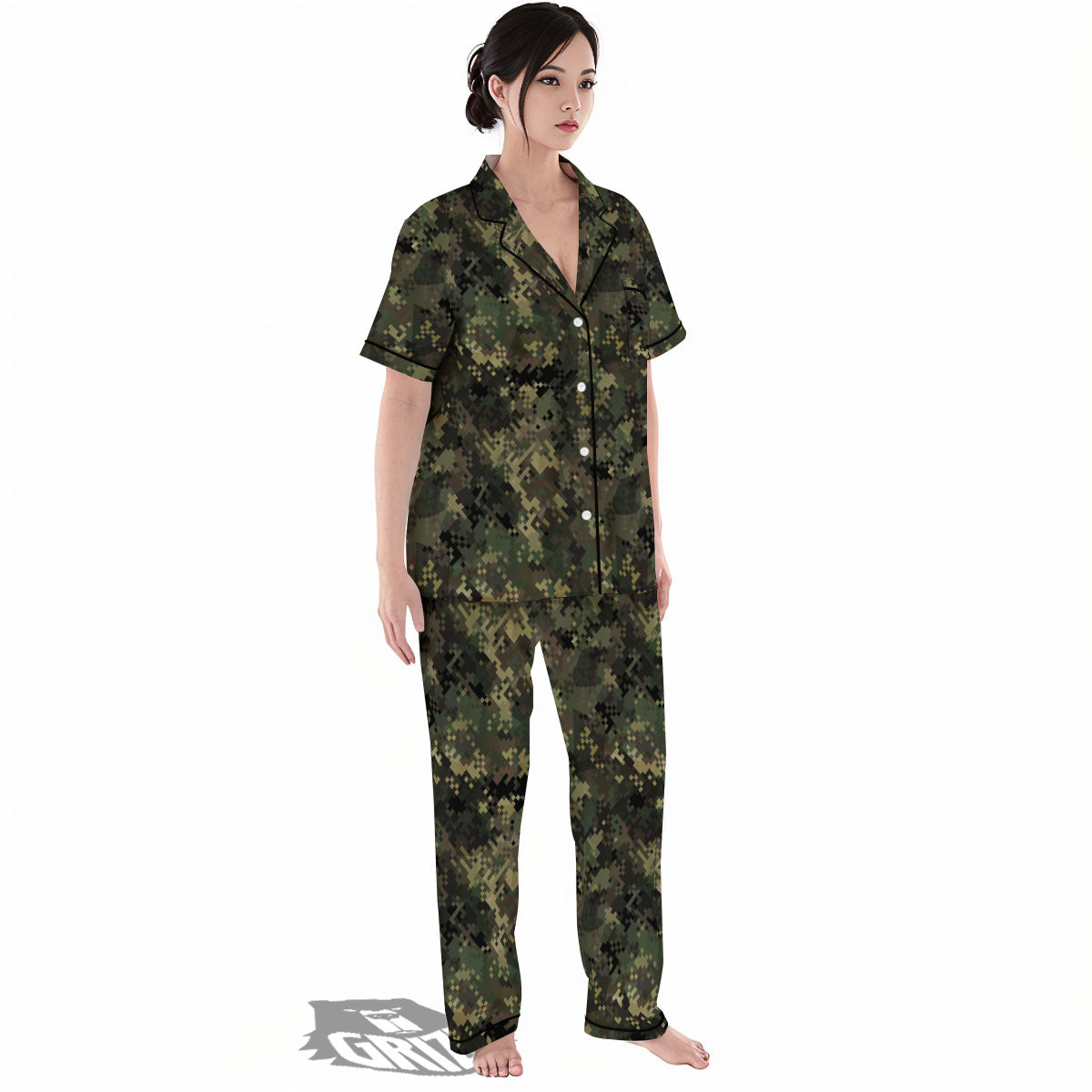Digital Camo Forest Green Print Pattern Women's Pajamas Set-grizzshop