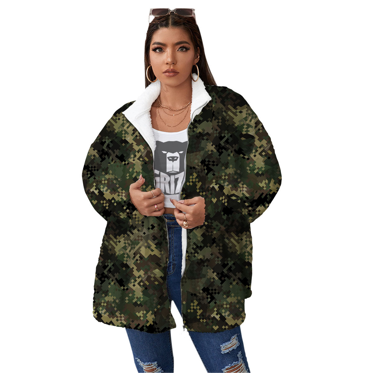 Digital Camo Forest Green Print Pattern Women's Sherpa Jacket-grizzshop