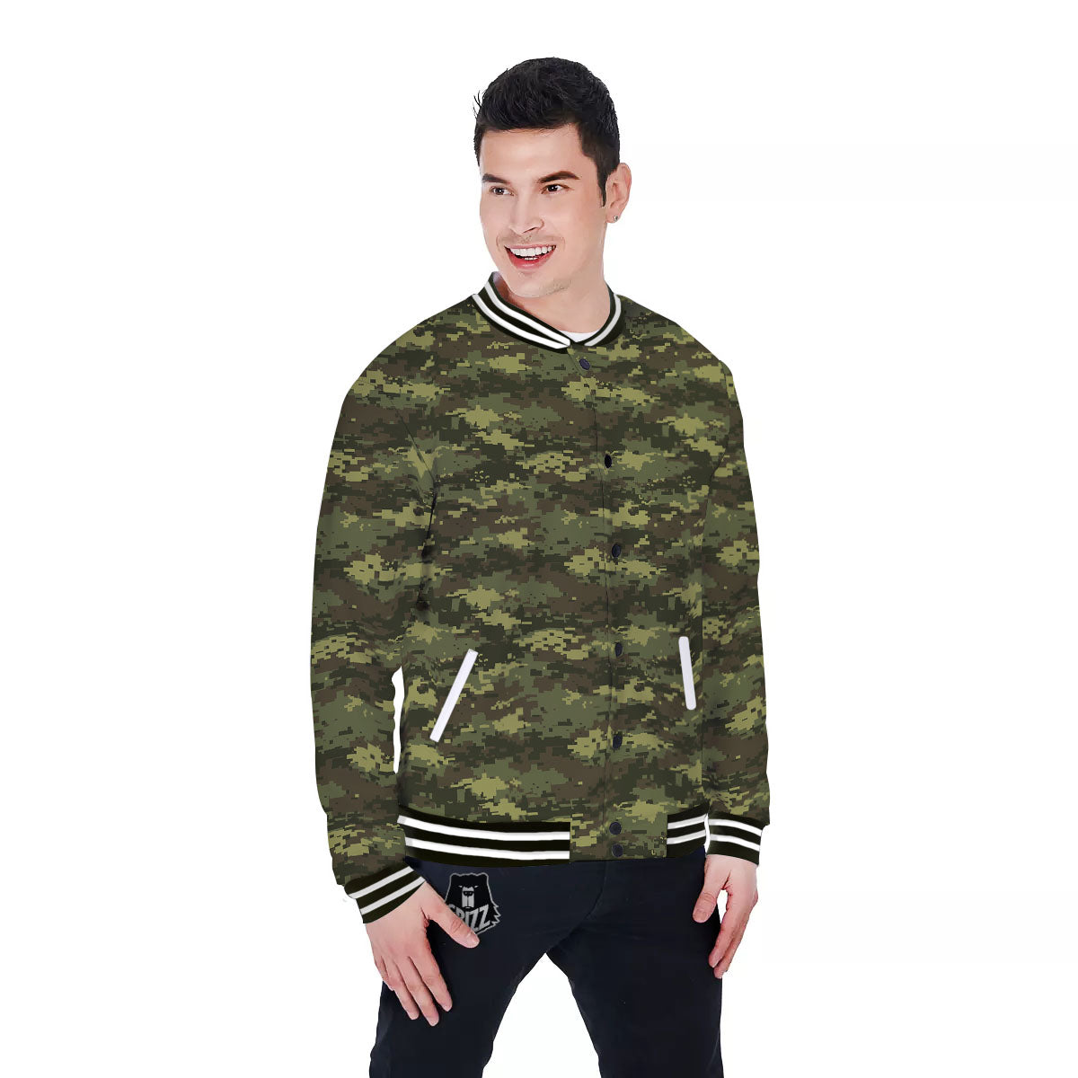 Digital Camo Green Print Pattern Baseball Jacket-grizzshop