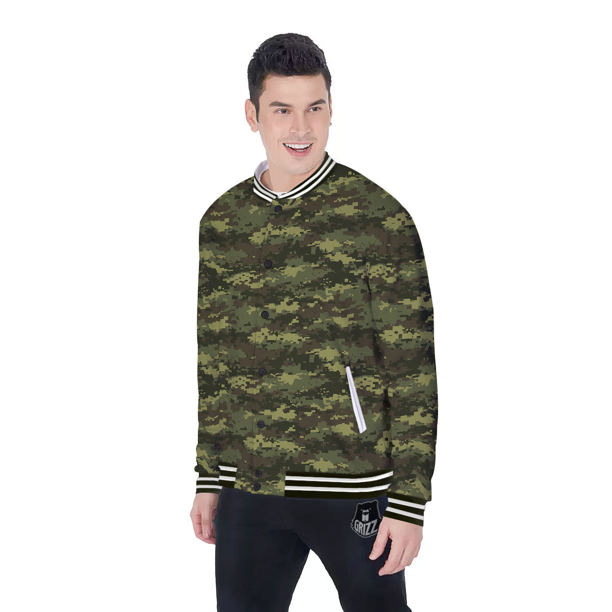 Digital Camo Green Print Pattern Baseball Jacket-grizzshop