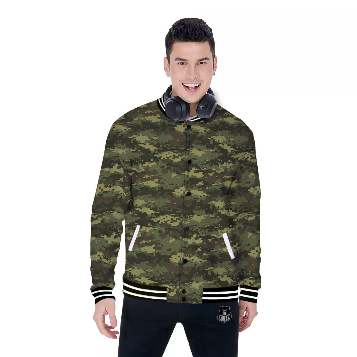 Digital Camo Green Print Pattern Baseball Jacket-grizzshop