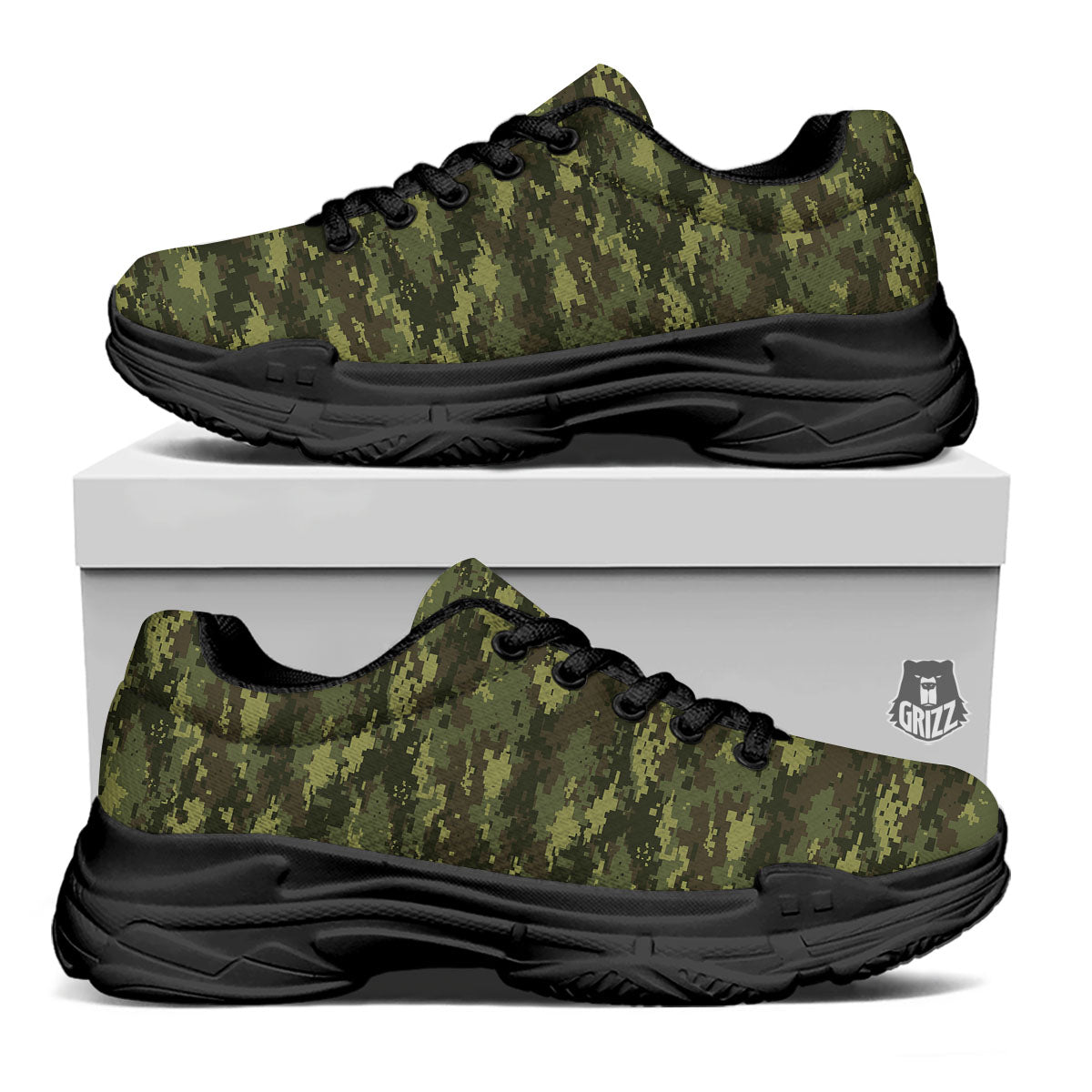 Digital Camo Green Print Pattern Black Chunky Shoes-grizzshop