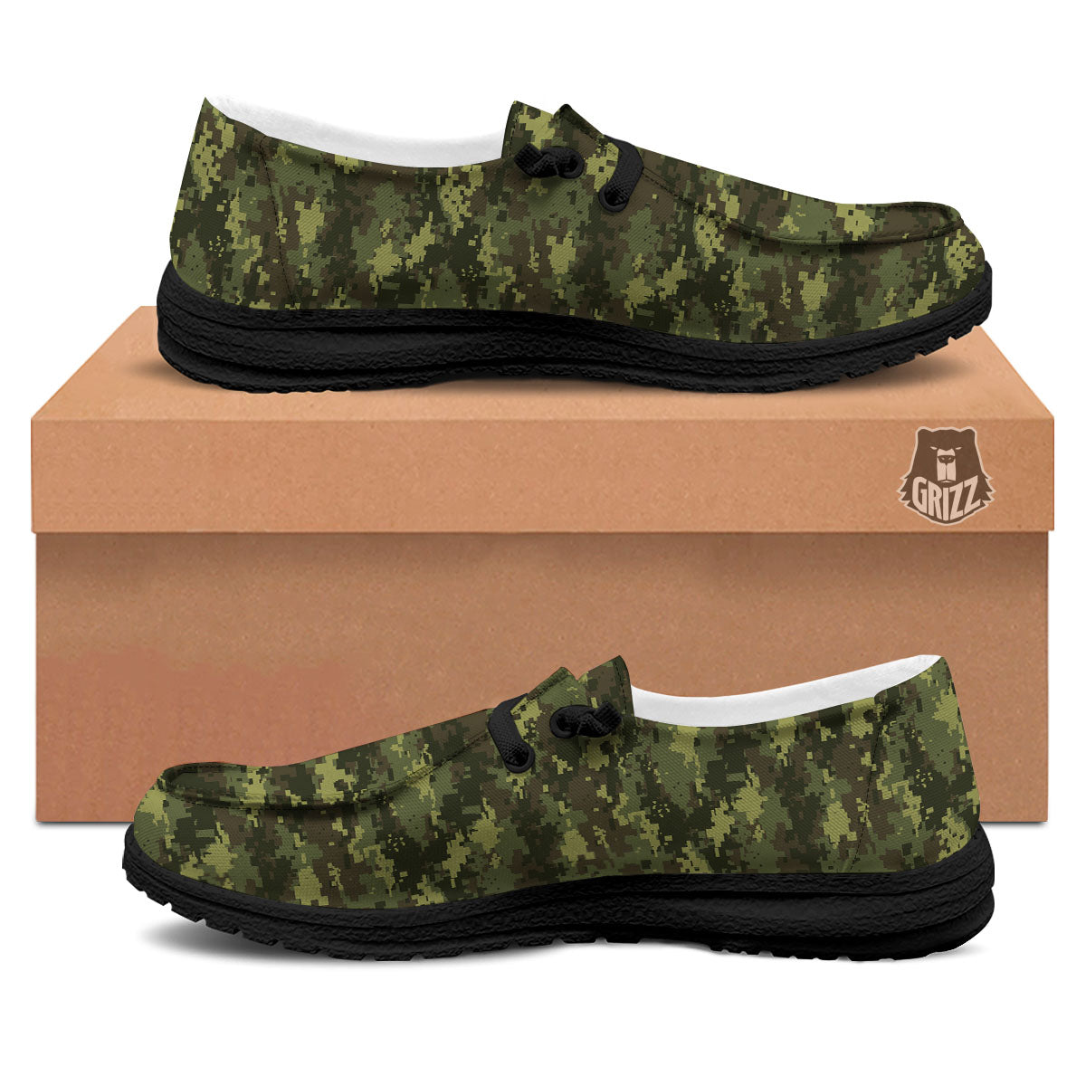 Digital Camo Green Print Pattern Black Loafers-grizzshop