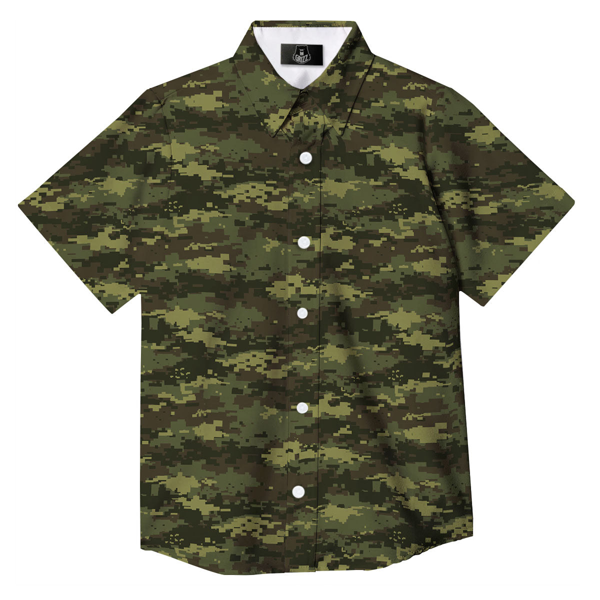 Digital Camo Green Print Pattern Button Up Shirt-grizzshop