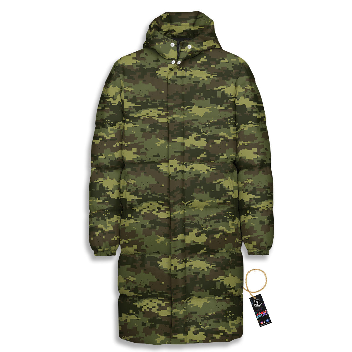 Digital Camo Green Print Pattern Long Down Jacket-grizzshop