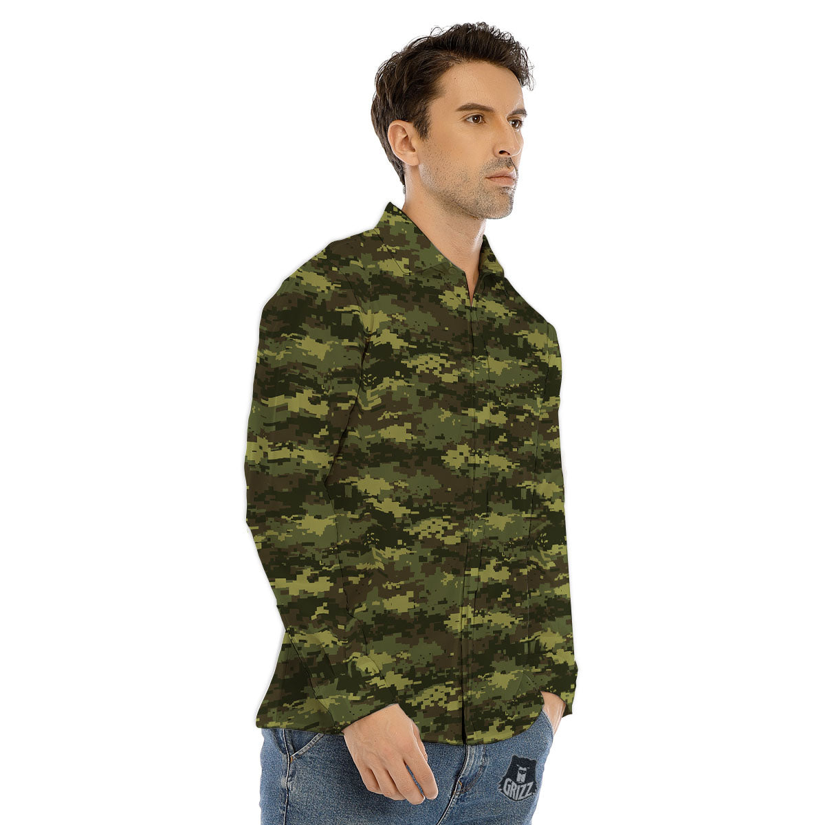 Digital Camo Green Print Pattern Men's Dress Shirts-grizzshop