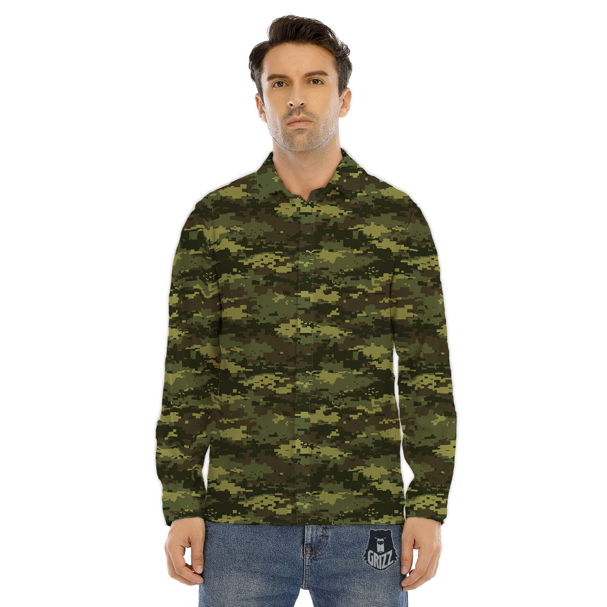 Digital Camo Green Print Pattern Men's Dress Shirts-grizzshop