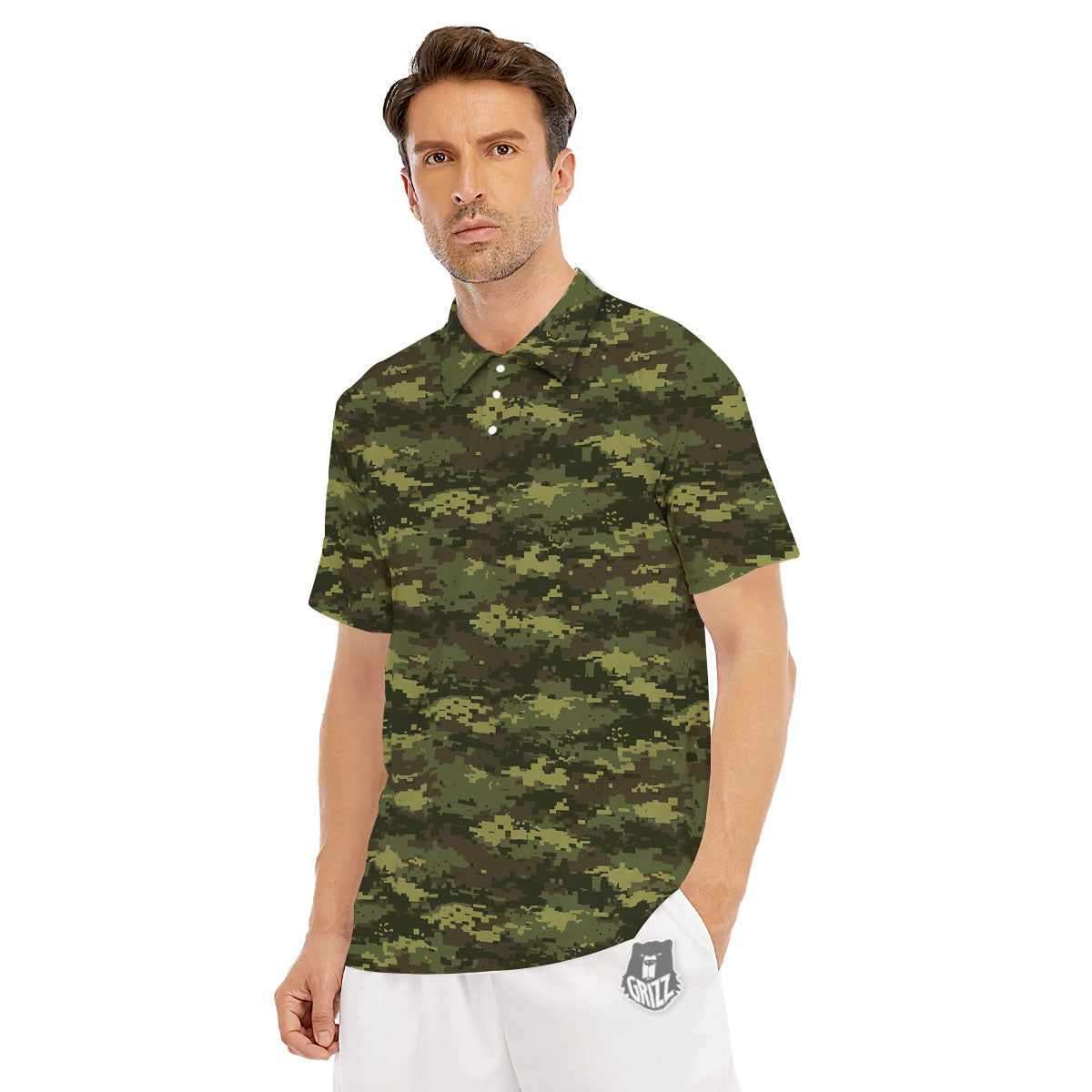 Digital Camo Green Print Pattern Men's Golf Shirts-grizzshop
