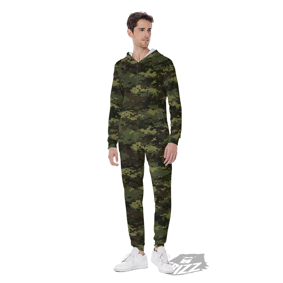 Digital Camo Green Print Pattern Men's Jumpsuit-grizzshop