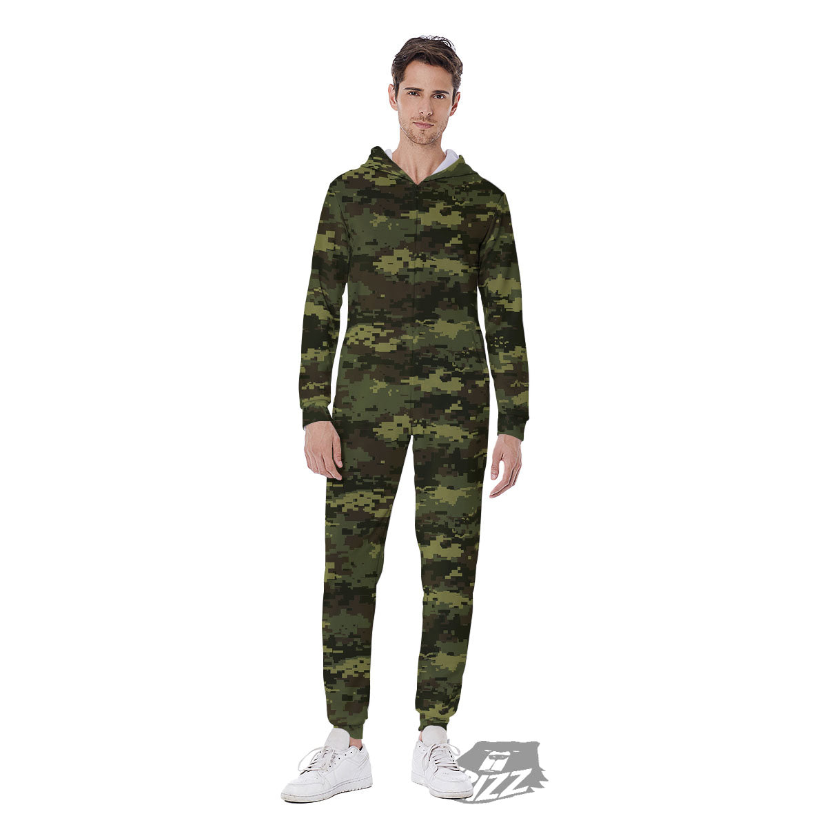 Digital Camo Green Print Pattern Men's Jumpsuit-grizzshop