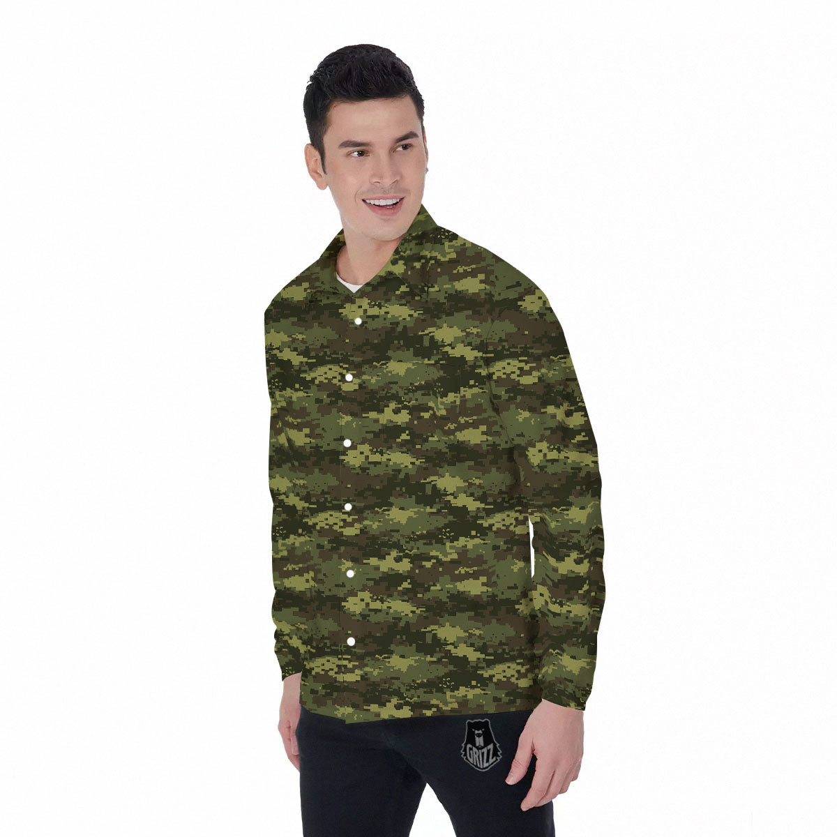Digital Camo Green Print Pattern Men's Long Sleeve Shirts-grizzshop