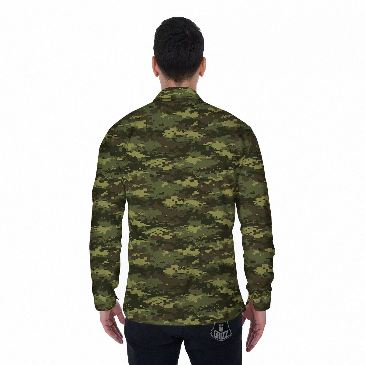 Digital Camo Green Print Pattern Men's Long Sleeve Shirts-grizzshop