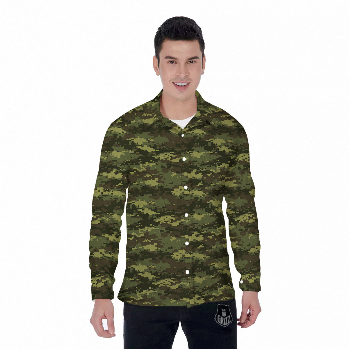 Digital Camo Green Print Pattern Men's Long Sleeve Shirts-grizzshop