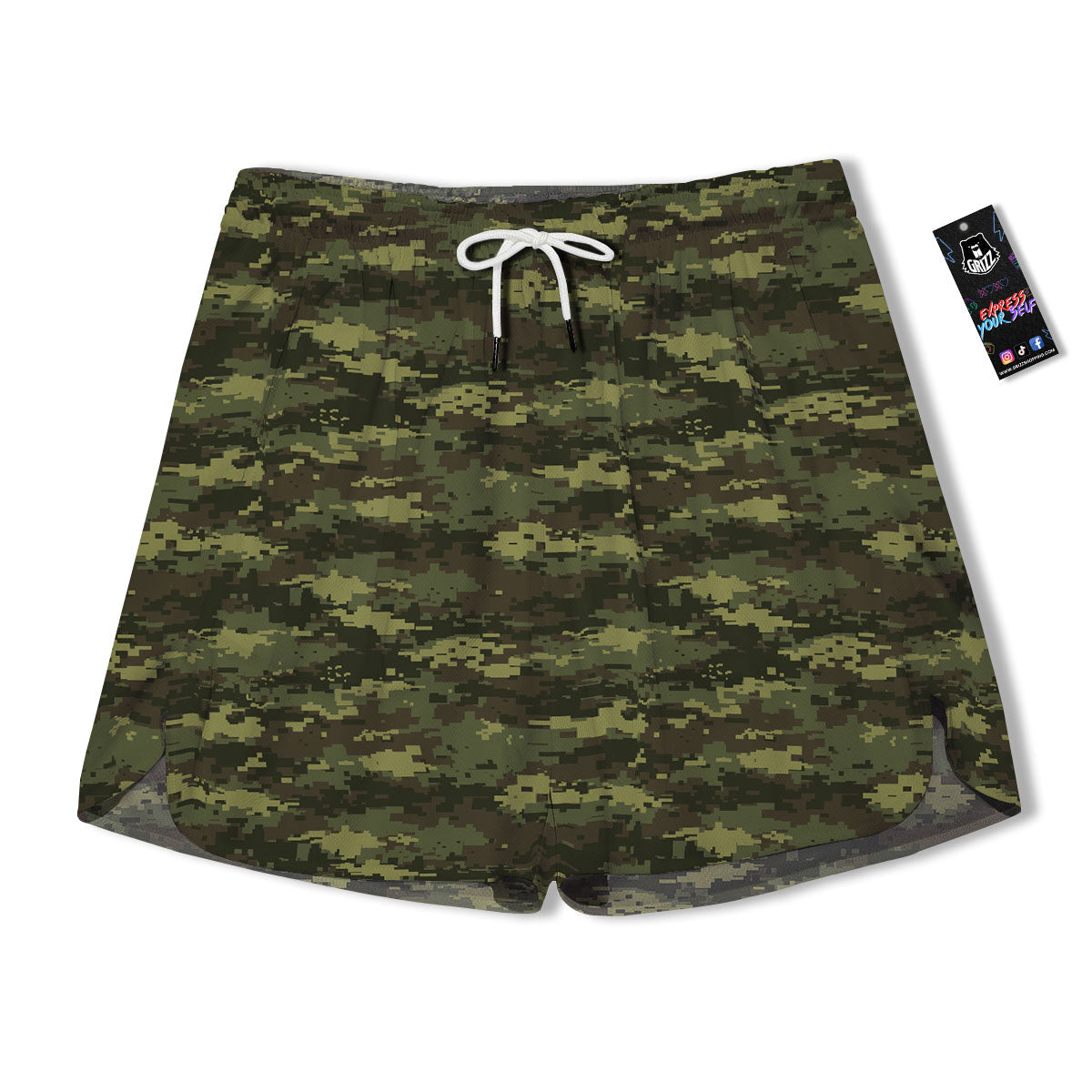 Digital Camo Green Print Pattern Men's Running Shorts-grizzshop