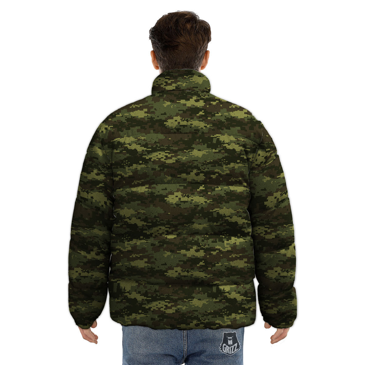 Digital Camo Green Print Pattern Puffer Jacket-grizzshop