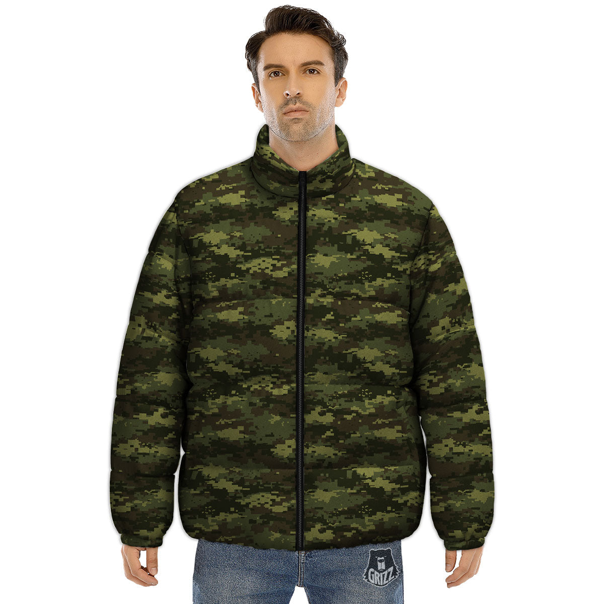 Digital Camo Green Print Pattern Puffer Jacket-grizzshop