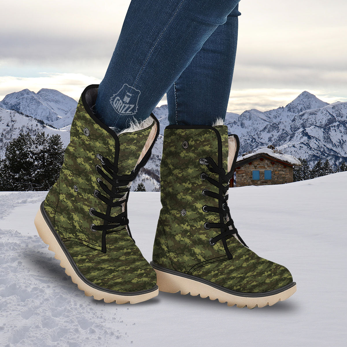 Digital Camo Green Print Pattern Snow Boots-grizzshop
