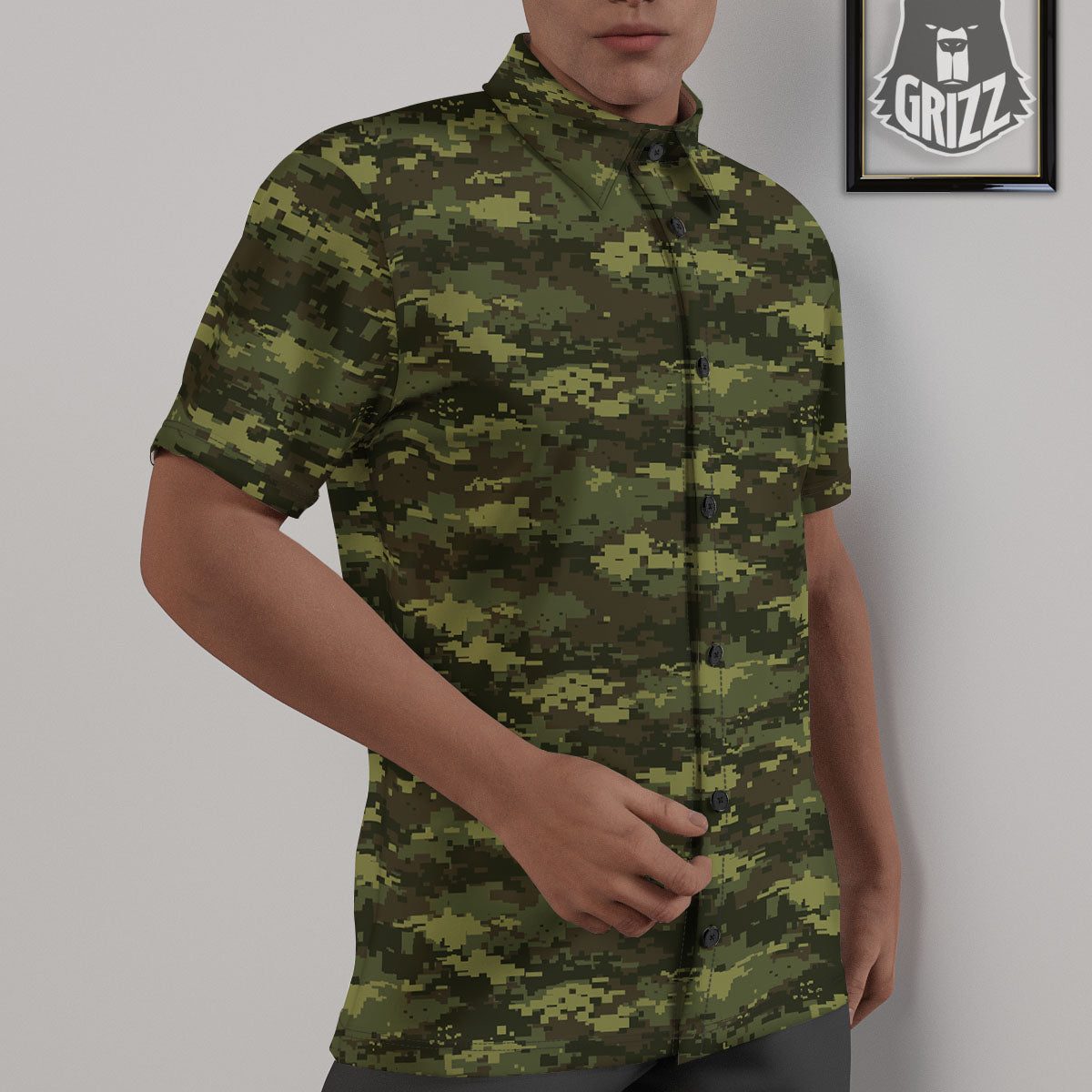 Digital Camo Green Print Pattern Untucked Shirts-grizzshop