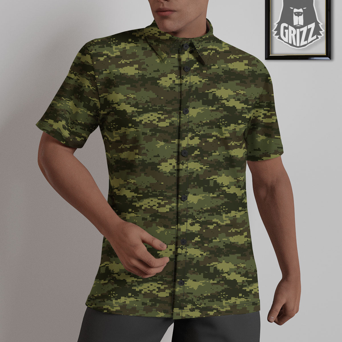 Digital Camo Green Print Pattern Untucked Shirts-grizzshop
