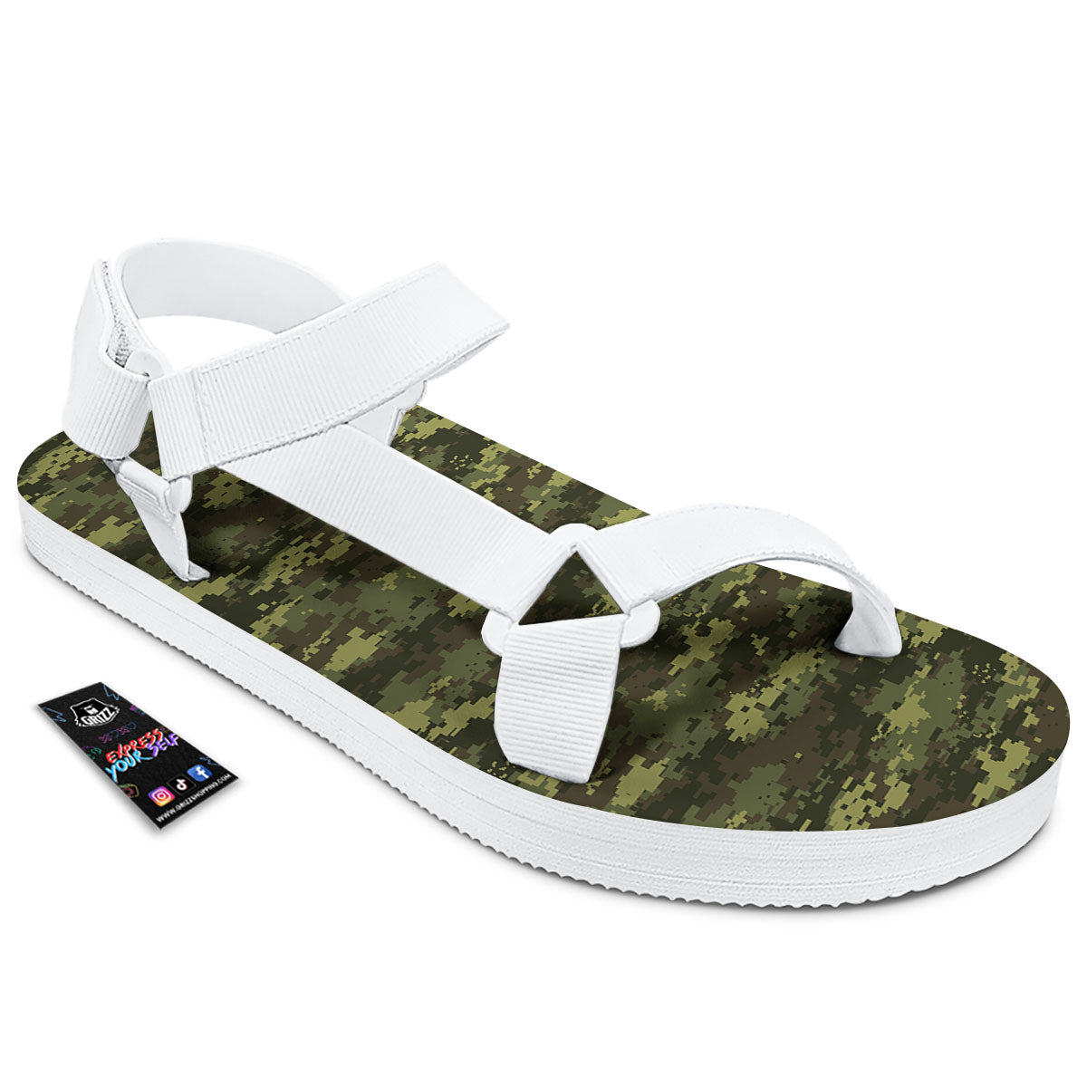 Digital Camo Green Print Pattern White Open Toe Sandals-grizzshop