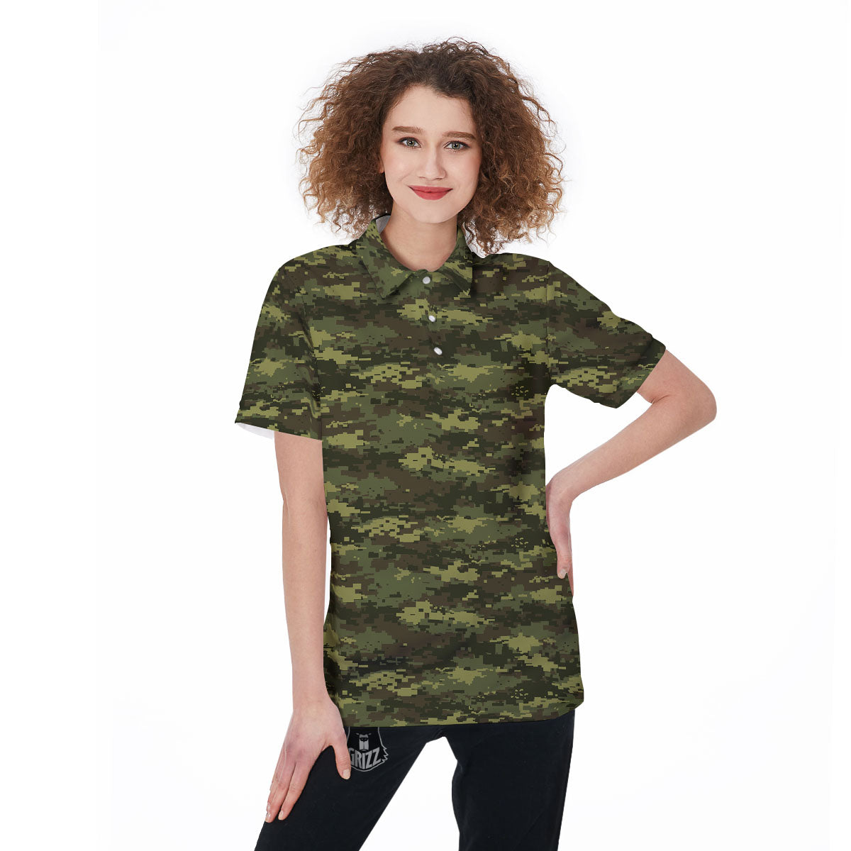 Digital Camo Green Print Pattern Women's Golf Shirts-grizzshop