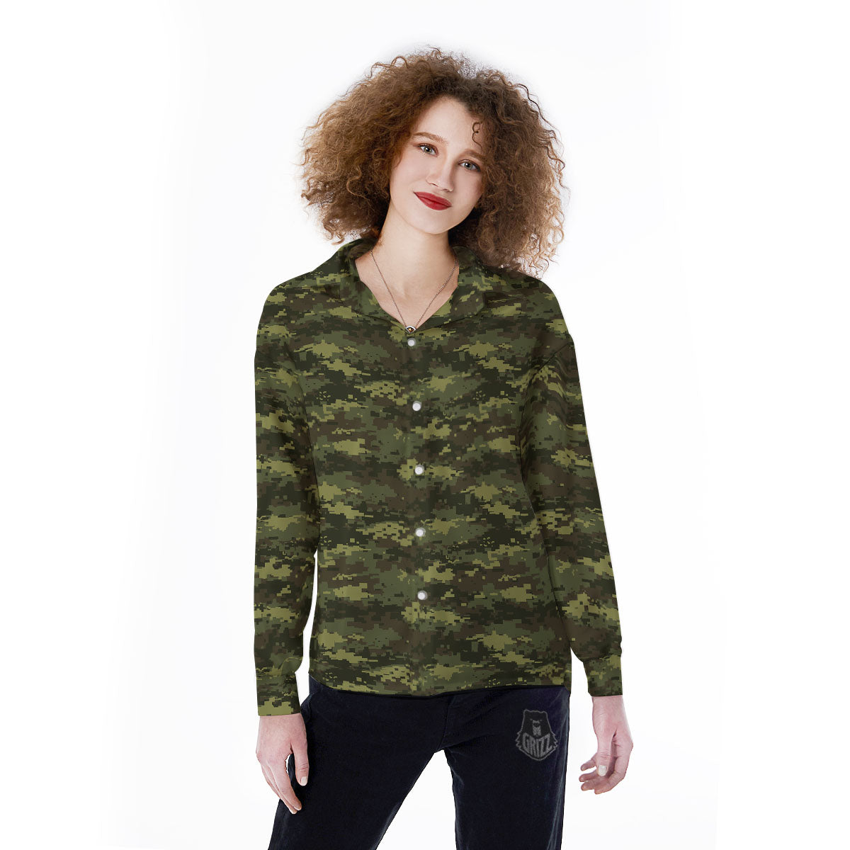 Digital Camo Green Print Pattern Women's Long Sleeve Shirts-grizzshop