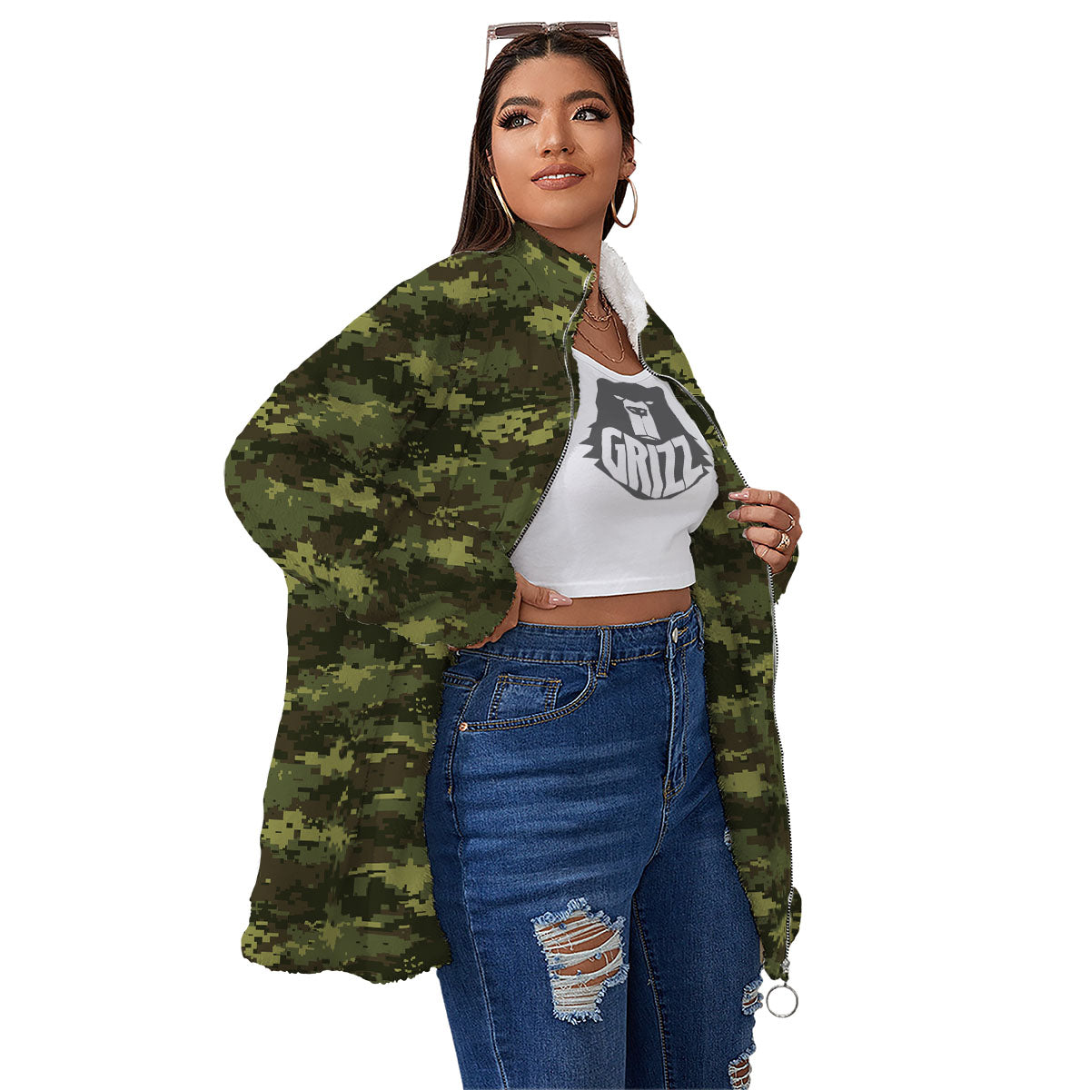 Digital Camo Green Print Pattern Women's Sherpa Jacket-grizzshop