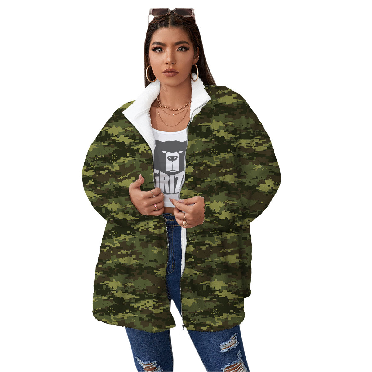 Digital Camo Green Print Pattern Women's Sherpa Jacket-grizzshop